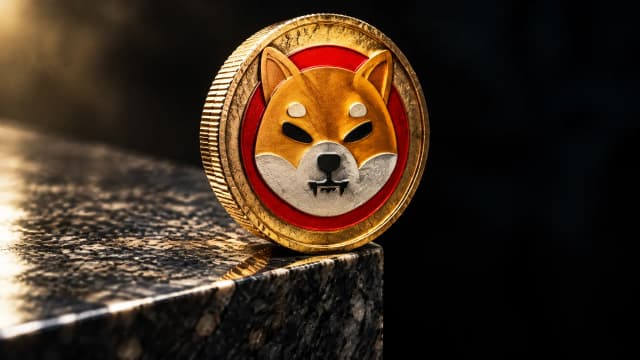 Schwere gepraegte Metallmuenze mit dem Shiba-Inu-Zeichen steht aufrecht auf der Kante einer Granitstufe und ragt zur Haelfte ueber den Rand, darunter faellt die Stufe in dunkle Tiefe ab