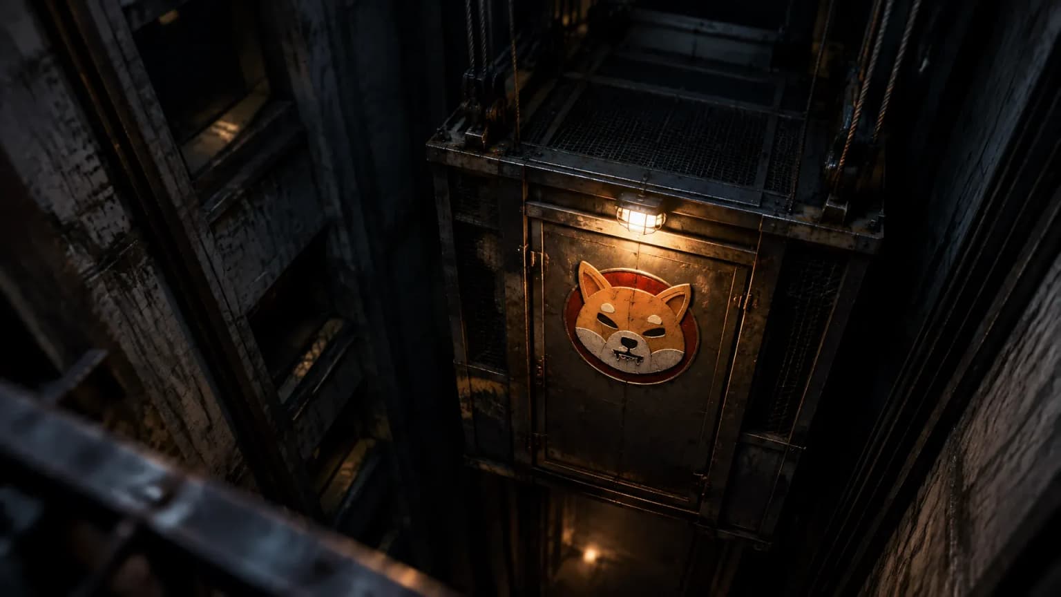 Schwerer Lastenaufzug tief unten im Betonschacht eines alten Lagerhauses, die Gitterkabine haengt weit unter allen Etagenoeffnungen, auf der Kabinentuer sitzt das Shiba-Inu-Zeichen als Metallrelief