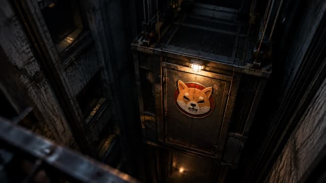 Schwerer Lastenaufzug tief unten im Betonschacht eines alten Lagerhauses, die Gitterkabine haengt weit unter allen Etagenoeffnungen, auf der Kabinentuer sitzt das Shiba-Inu-Zeichen als Metallrelief
