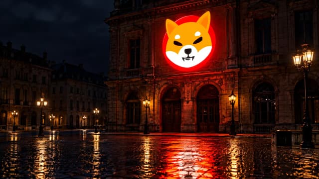 Leuchtreklame mit dem Shiba-Inu-Zeichen hoch an einer dunklen Altbaufassade ueber einem naechtlich leeren Platz, im Hintergrund eine hell erleuchtete Querstrasse