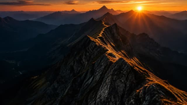 Sonnenaufgang hinter einem gestaffelten Gebirgsgrat, die Täler darunter liegen noch im Schatten