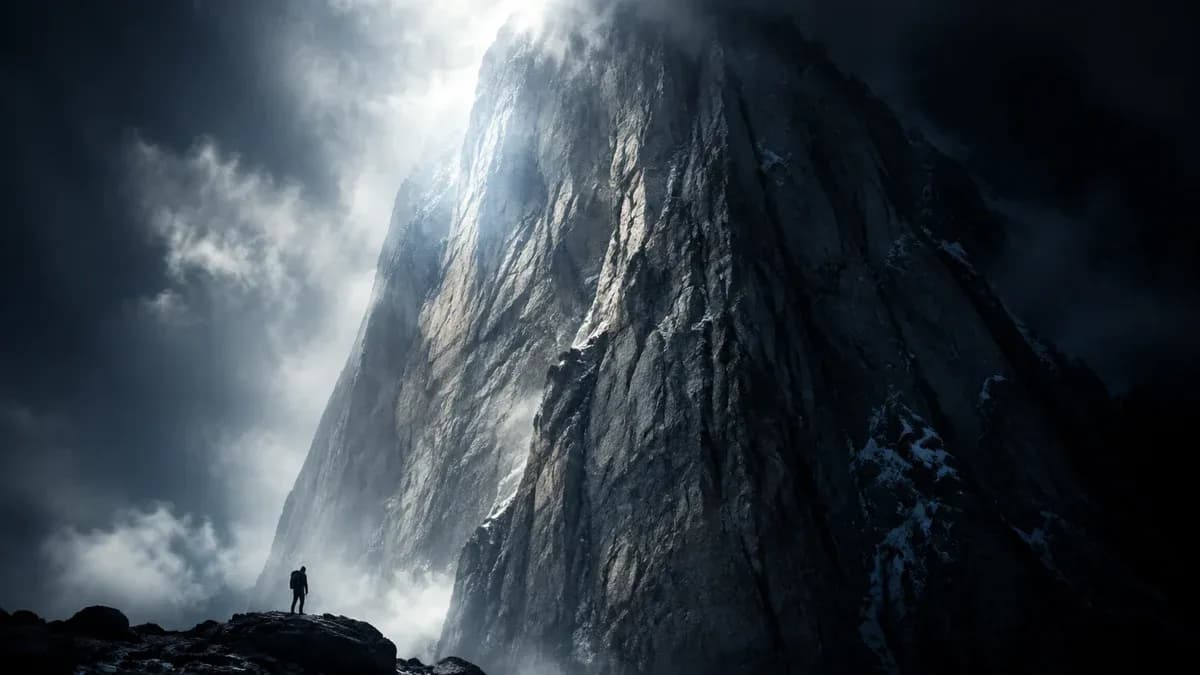 Silhouette eines einzelnen Bergsteigers am Fuß einer gewaltigen Felswand, deren Gipfel in Wolken verschwindet