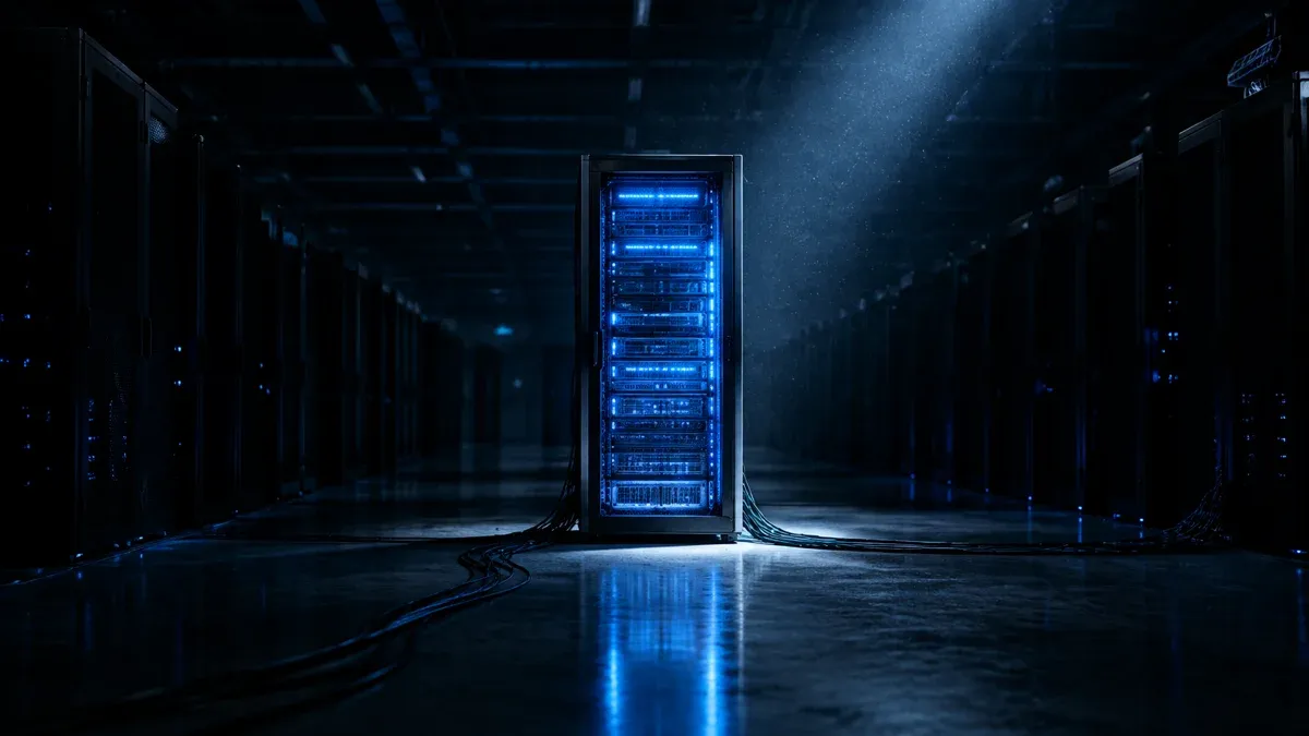 Ein einzelner leuchtender Serverschrank in einer sonst dunklen, nahezu leeren Serverhalle bei Nacht
