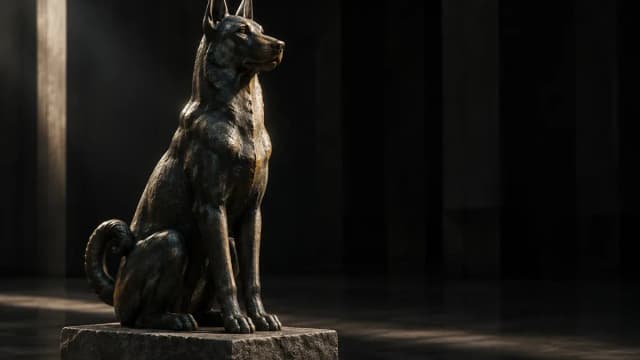 Bronzeplastik eines aufrecht sitzenden Hundes mit spitzen Ohren auf einem rohen Steinsockel in einer leeren dunklen Halle, ein schmaler Lichtstreifen trifft Kopf und Brust