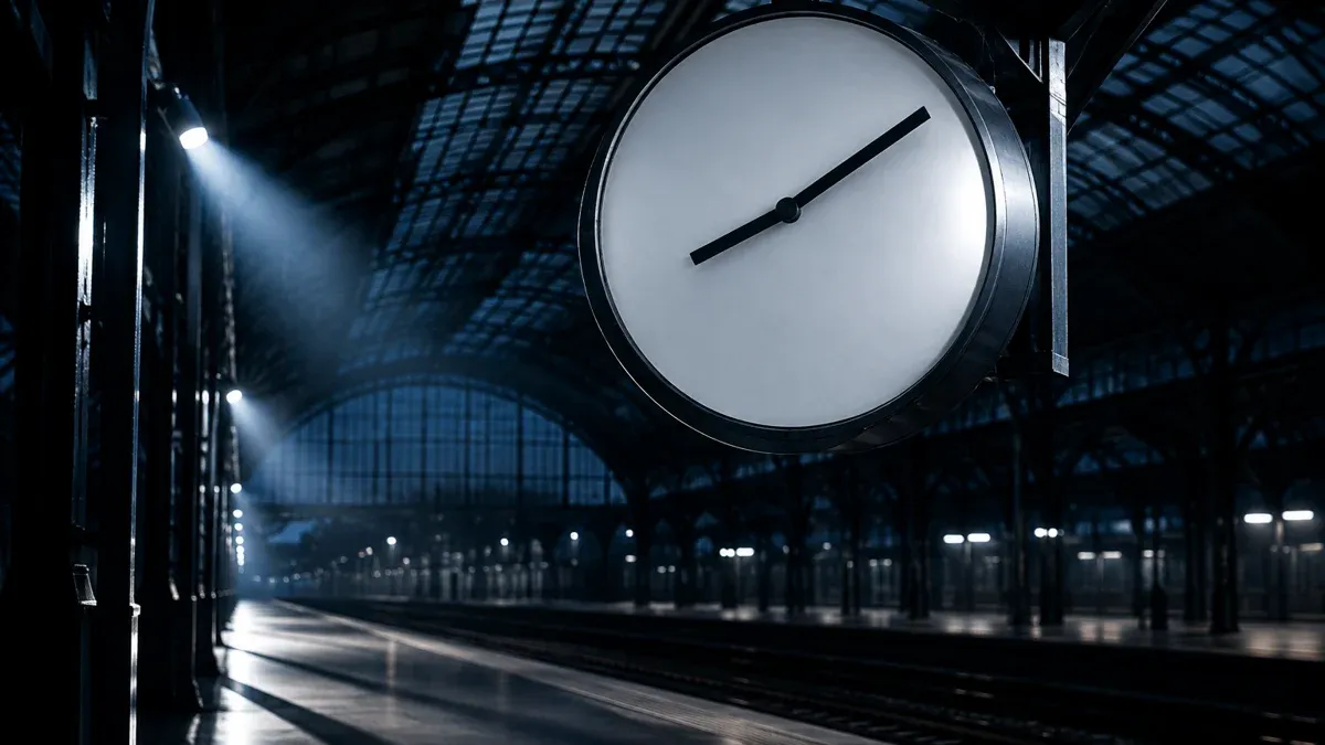 Bahnhofsuhr ohne Ziffern in einer leeren naechtlichen Bahnhofshalle