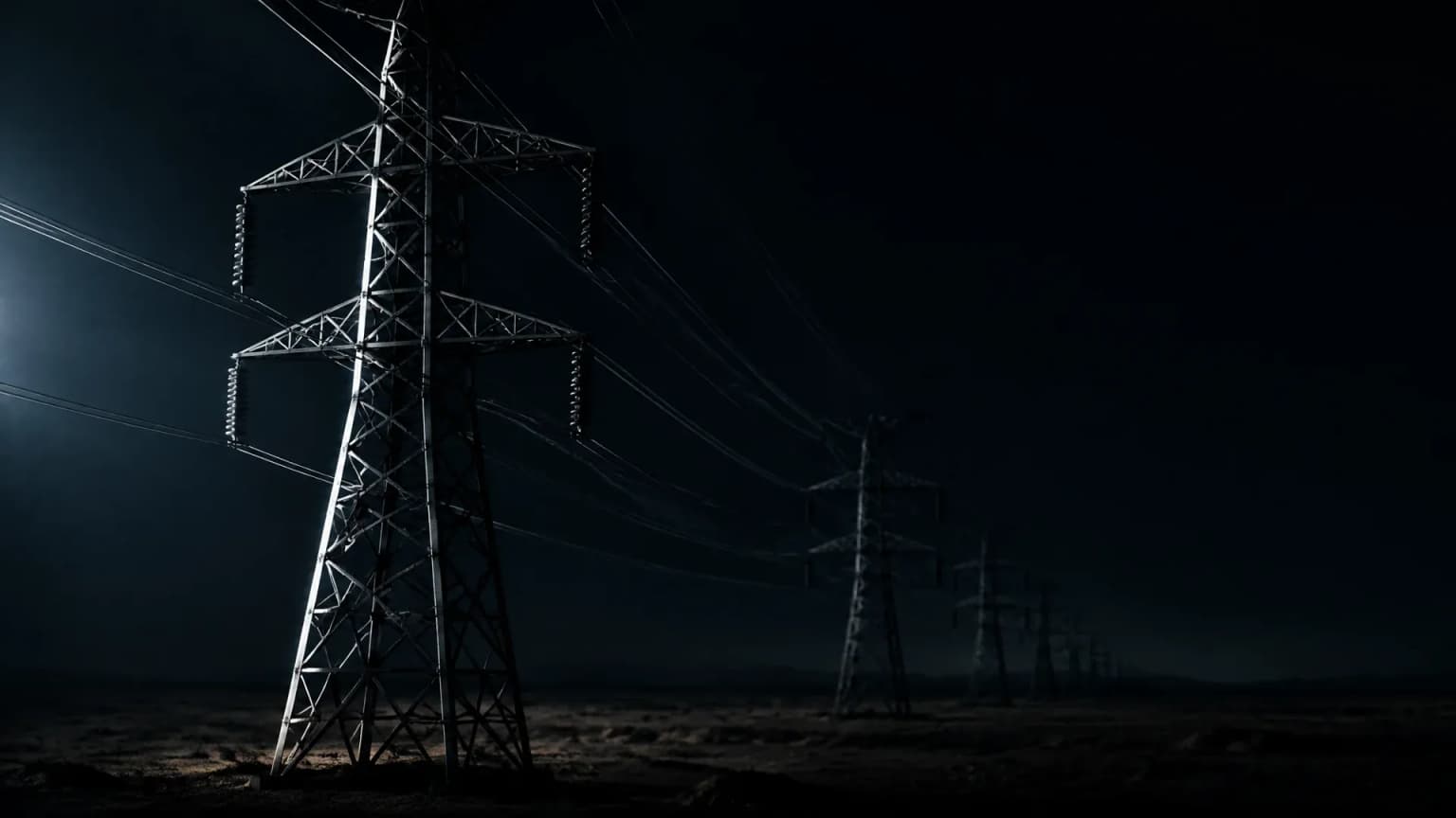 Reihe hoher Stahlgitter-Strommasten bei Nacht ueber einer leeren Ebene, die Isolatoren liegen dunkel, nur der vorderste Mast wird von hartem Seitenlicht aus der Dunkelheit geschnitten