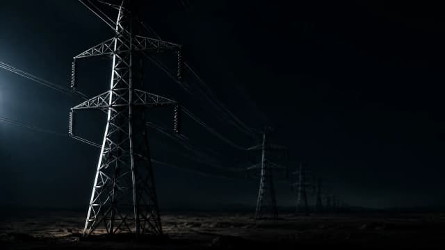 Reihe hoher Stahlgitter-Strommasten bei Nacht ueber einer leeren Ebene, die Isolatoren liegen dunkel, nur der vorderste Mast wird von hartem Seitenlicht aus der Dunkelheit geschnitten