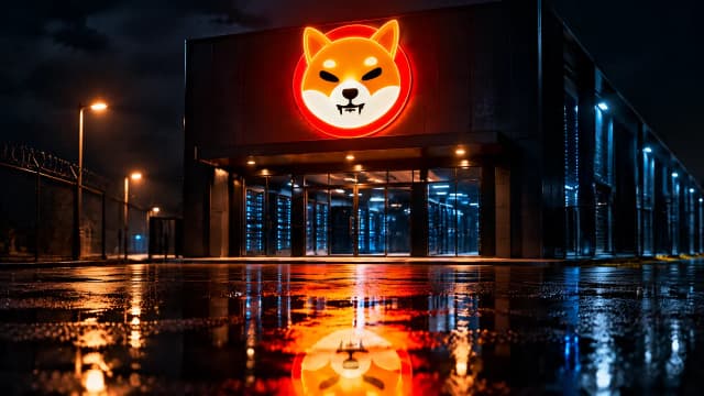 Orange leuchtendes Shiba-Inu-Zeichen über dem Eingang eines Rechenzentrums