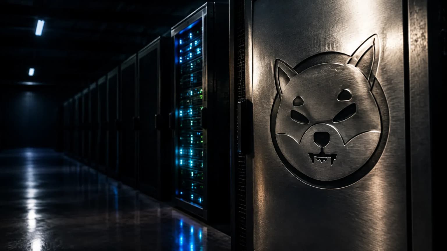 Weitgehend leerer Serverraum bei Nacht, nur zwei von vielen Schränken in Betrieb, auf der Metallblende des vordersten Schranks ist das Shiba-Inu-Zeichen als tiefe Gravur eingeschlagen