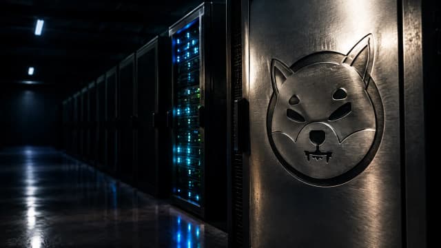 Weitgehend leerer Serverraum bei Nacht, nur zwei von vielen Schränken in Betrieb, auf der Metallblende des vordersten Schranks ist das Shiba-Inu-Zeichen als tiefe Gravur eingeschlagen