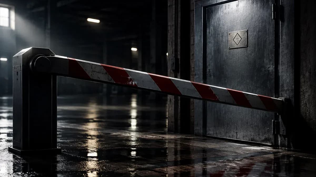 Eine geschlossene Schranke vor einer verriegelten Stahltür in einer dunklen Industriehalle