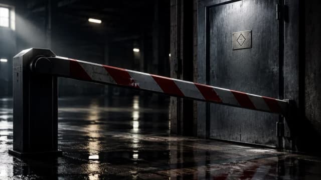 Eine geschlossene Schranke vor einer verriegelten Stahltuer in einer dunklen Industriehalle
