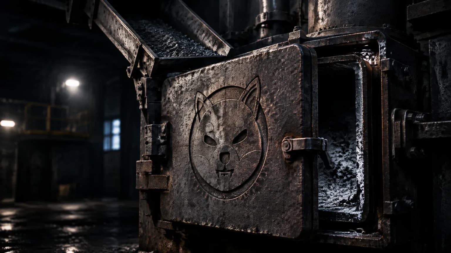 Erkaltete Brennkammer eines schweren Industrieofens in einer dunklen Werkhalle, die gusseiserne Tuer steht offen und zeigt graue Asche statt Glut, in die Tuer ist das Shiba-Inu-Zeichen eingraviert
