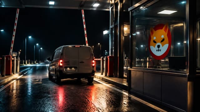 Menschenleere Zollstation bei Nacht mit offenen Schranken, ein einzelner Kleintransporter fährt hindurch, auf der Glasscheibe des Kontrollhäuschens spiegelt sich das Shiba-Inu-Zeichen