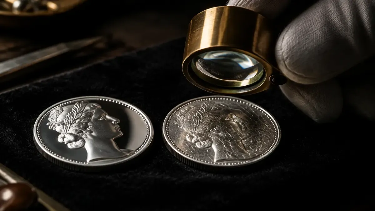 Zwei fast identische Metallmuenzen auf schwarzem Samt unter einer Juwelierslupe in einer behandschuhten Hand