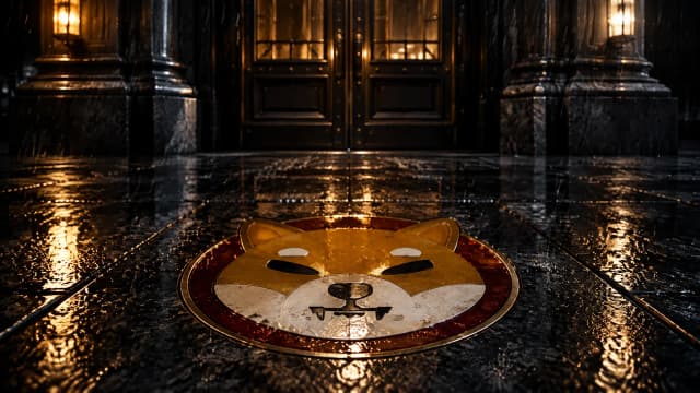 Nasse Steinplatte vor dem Portal eines geschlossenen Handelshauses bei Nacht, in den Stein ist das Shiba-Inu-Zeichen als Metallintarsie eingelegt