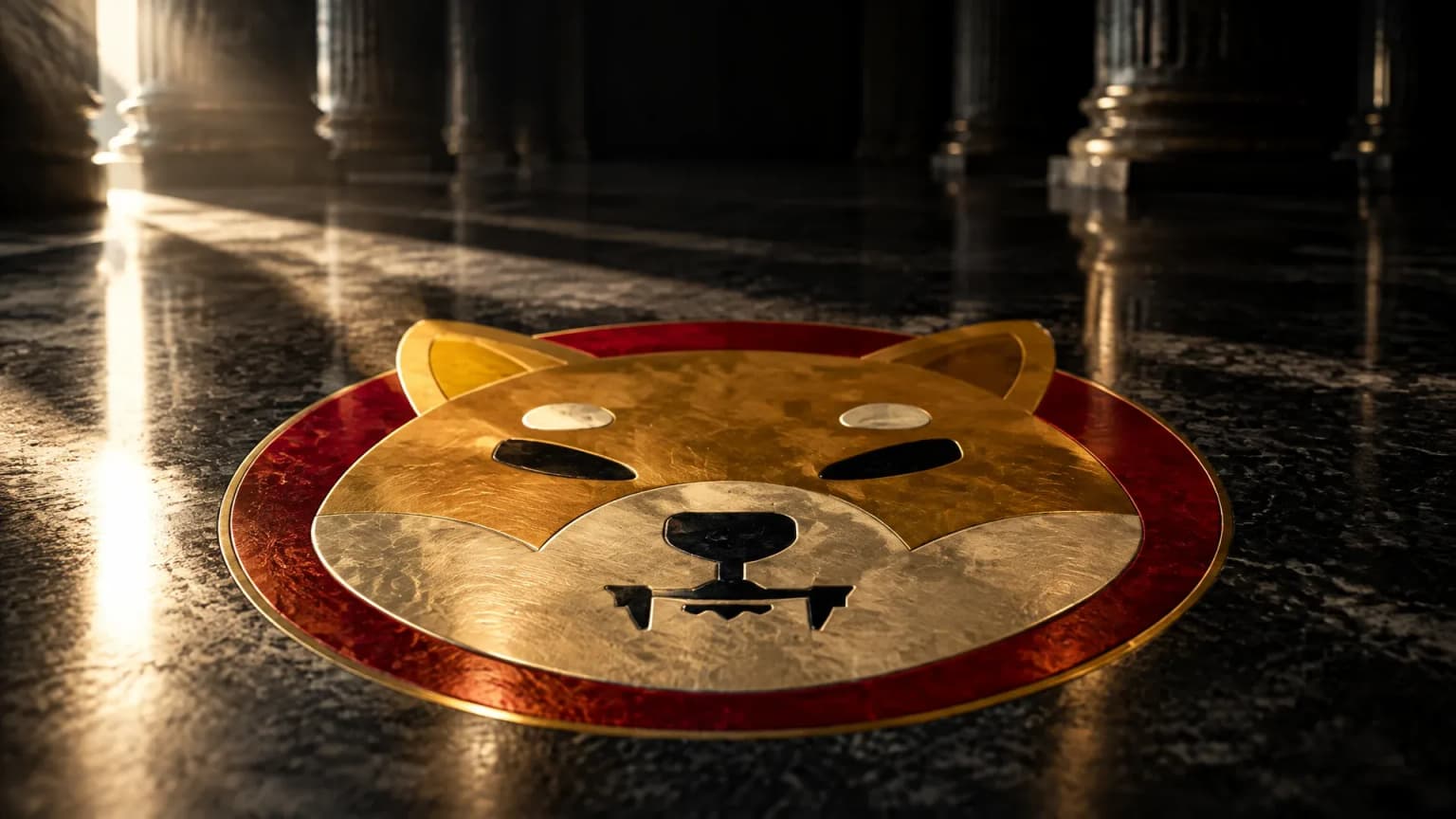 Messingintarsie mit dem Shiba-Inu-Zeichen in der Steinplatte einer Säulenhalle