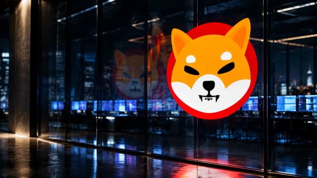 Menschenleerer naechtlicher Handelssaal hinter einer Glaswand, auf dem Glas das Shiba-Inu-Zeichen als grosse Spiegelung, dahinter Bildschirmreihen als kalte Lichtflaechen