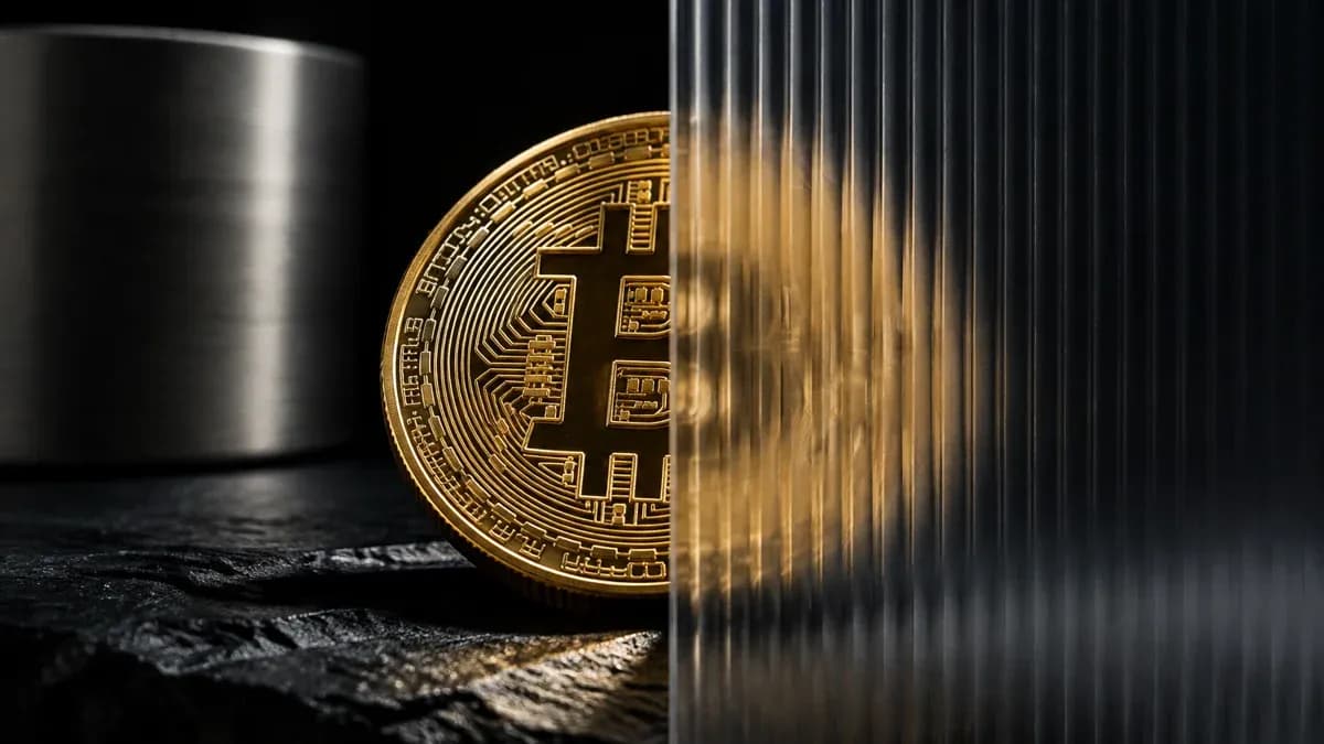 Goldmünze mit Bitcoin-Zeichen unter einer geriffelten Milchglasscheibe, halb scharf und halb in Streifen aufgelöst
