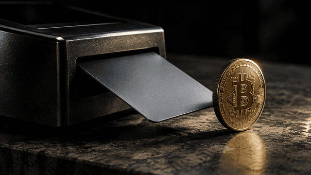 Eine glatte Bankkarte ohne Prägung steckt in einem dunklen Kartenlesegerät auf einem Steintresen, daneben steht eine schwere Münze mit eingeprägtem Bitcoin-Zeichen.