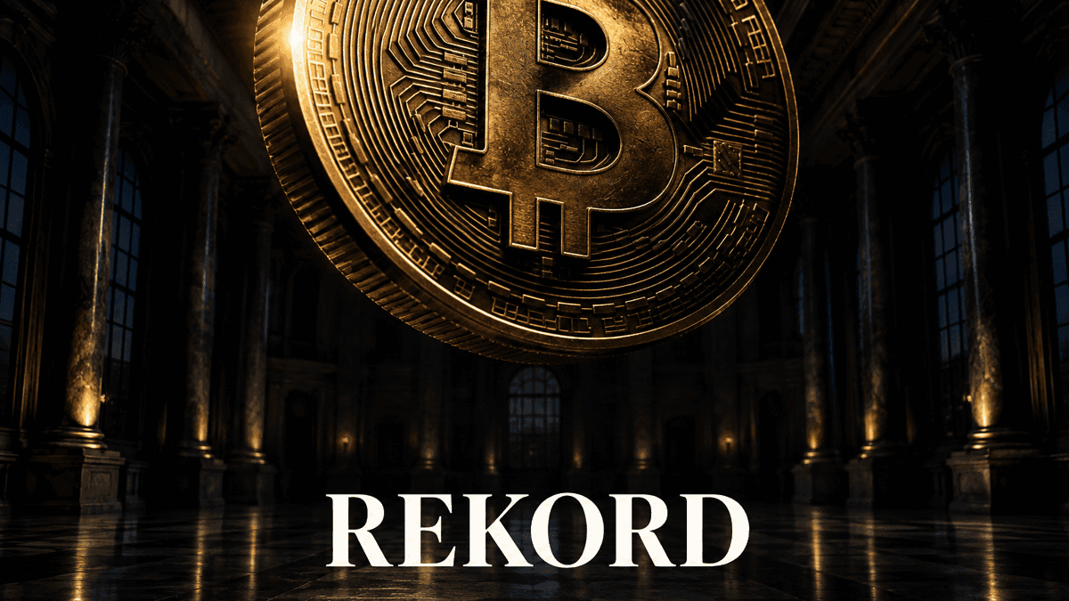 Monumentaler leerer Börsensaal bei Nacht, darüber eine riesige Metallmünze mit eingeprägtem Bitcoin-Zeichen, darunter das Wort REKORD