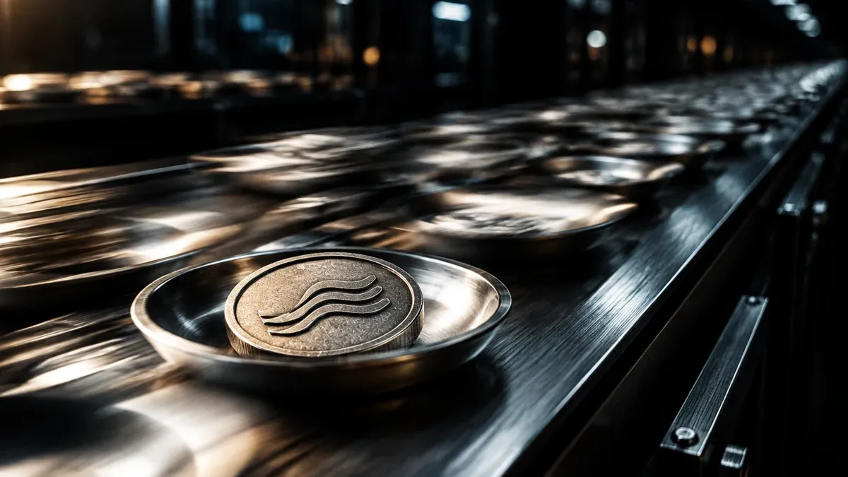Hochgeschwindigkeits-Foerderband mit vielen kleinen Metallschalen im dichten Takt, vorn eine schwere Metallmuenze mit eingepraegtem Wellensymbol