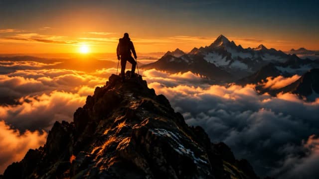 Bergsteiger auf einem Felsgrat über einem Wolkenmeer, höhere Gipfel in der Ferne
