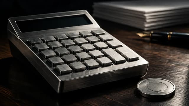 Taschenrechner aus gebuerstetem Metall mit unbeschrifteten Tasten auf dunklem Holz, daneben eine liegende Metallmuenze