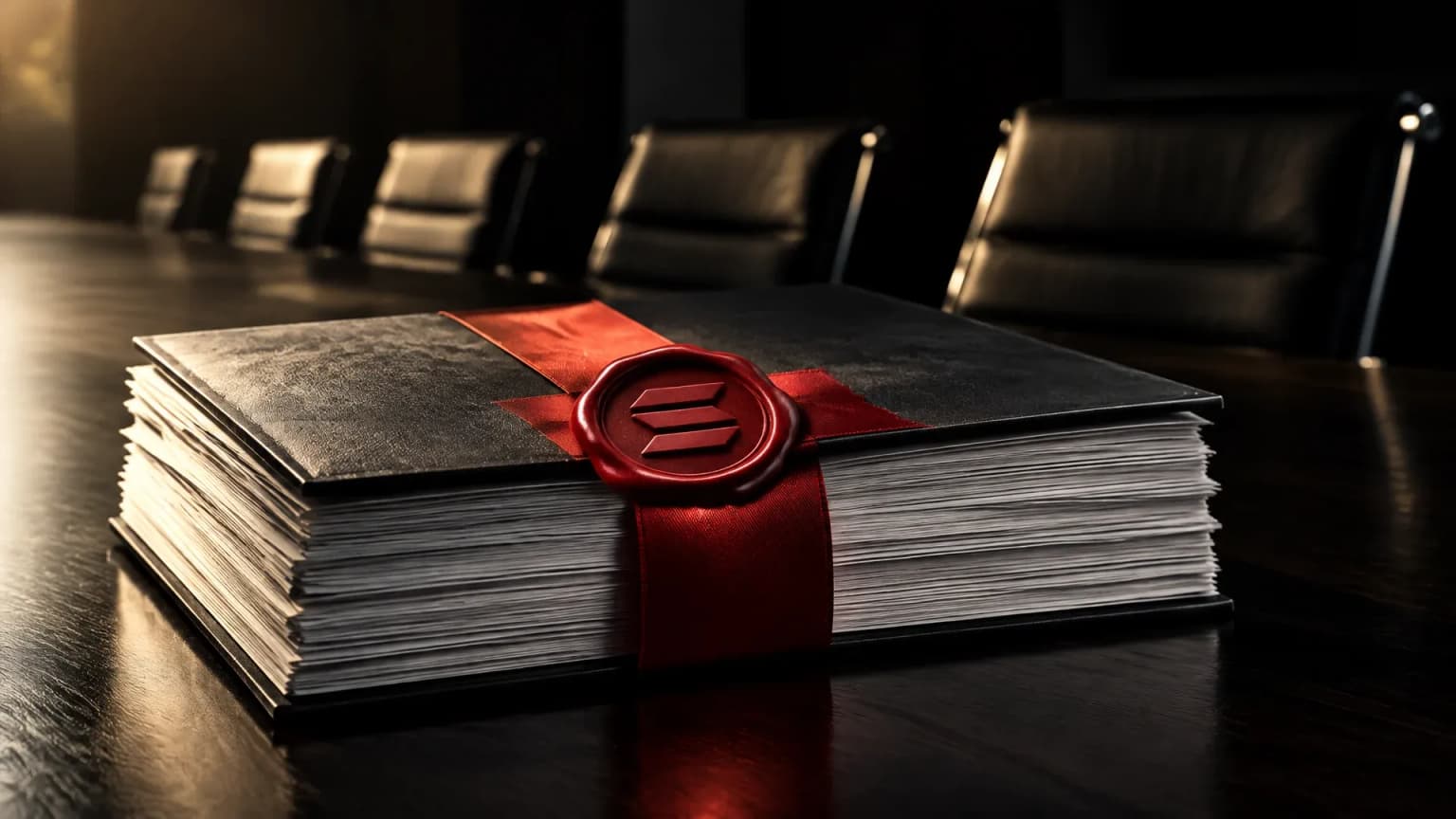 Épaisse pile de dossiers d’offre reliés avec un ruban de scellé rouge sur une table de conférence sombre, le sceau de cire portant le symbole de Solana en relief
