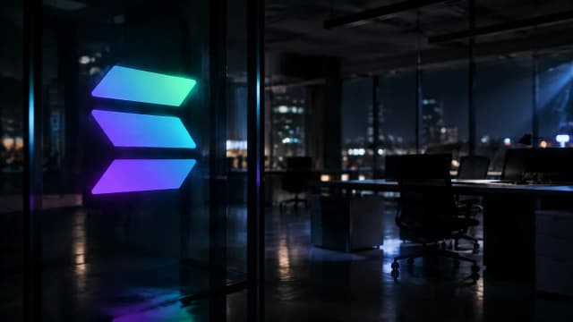 Das Solana-Zeichen leuchtet als Lichtreflex auf einer dunklen Glastrennwand, dahinter eine nachts fast leere Bürohalle mit verlassenen Arbeitsplätzen