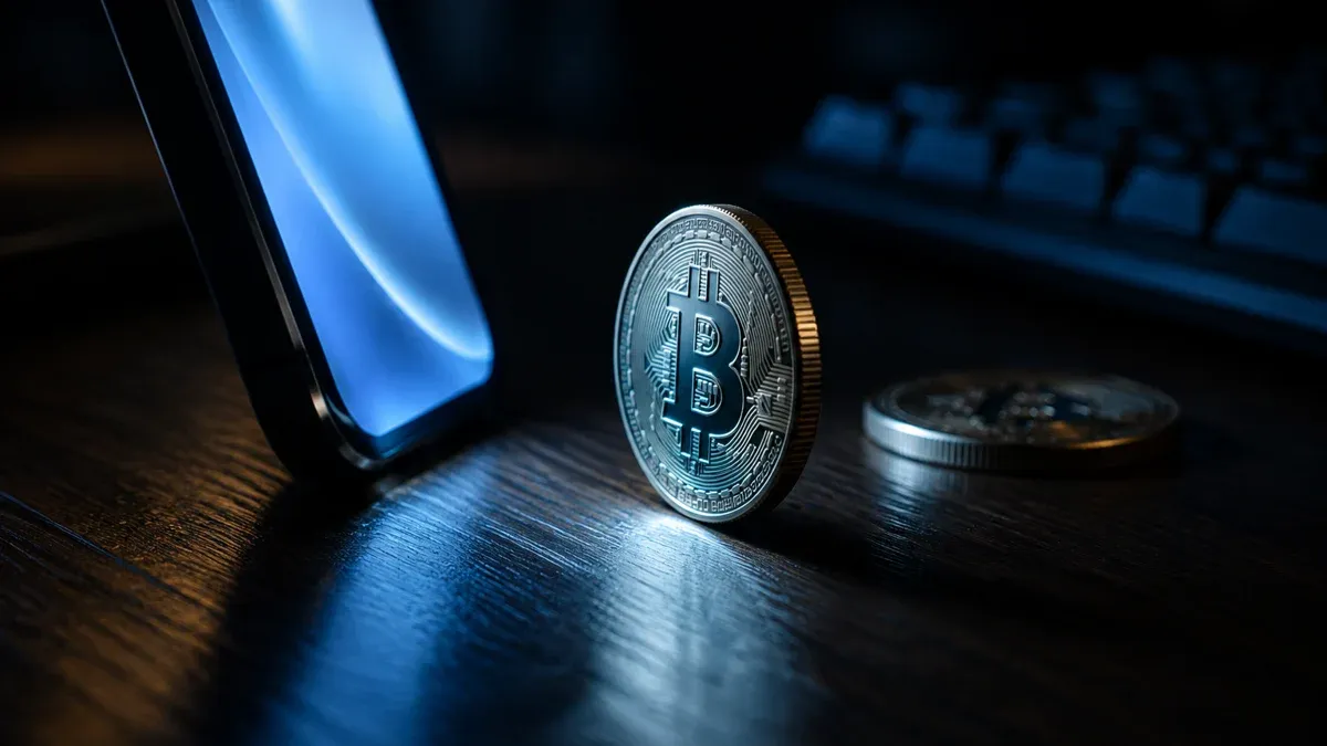 Nächtlicher Schreibtisch mit leuchtendem Smartphone und zwei Metallmünzen mit eingeprägtem Bitcoin-Zeichen