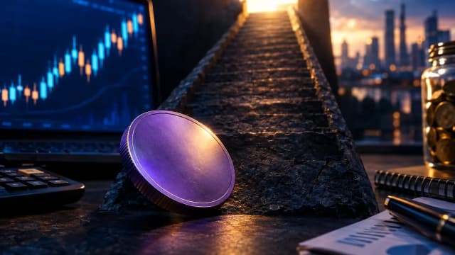 Unmarked violet coin at the foot of a steep dark ramp leading up to light