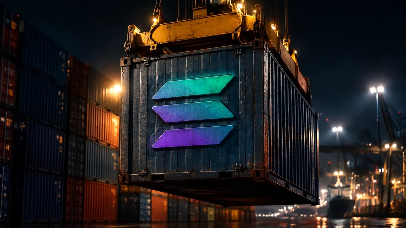 Terminal de fret la nuit, un portique soulevant un unique conteneur en acier gravé du signe Solana hors d’une pile de conteneurs hermétiquement fermés