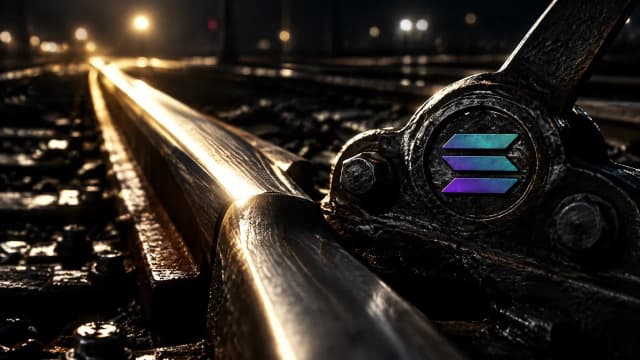 Schwere stählerne Eisenbahnweiche auf einem nächtlichen Rangierbahnhof im Moment des Umschlagens, am gusseisernen Stellhebel sitzt das Solana-Zeichen als eingelassene Metallintarsie