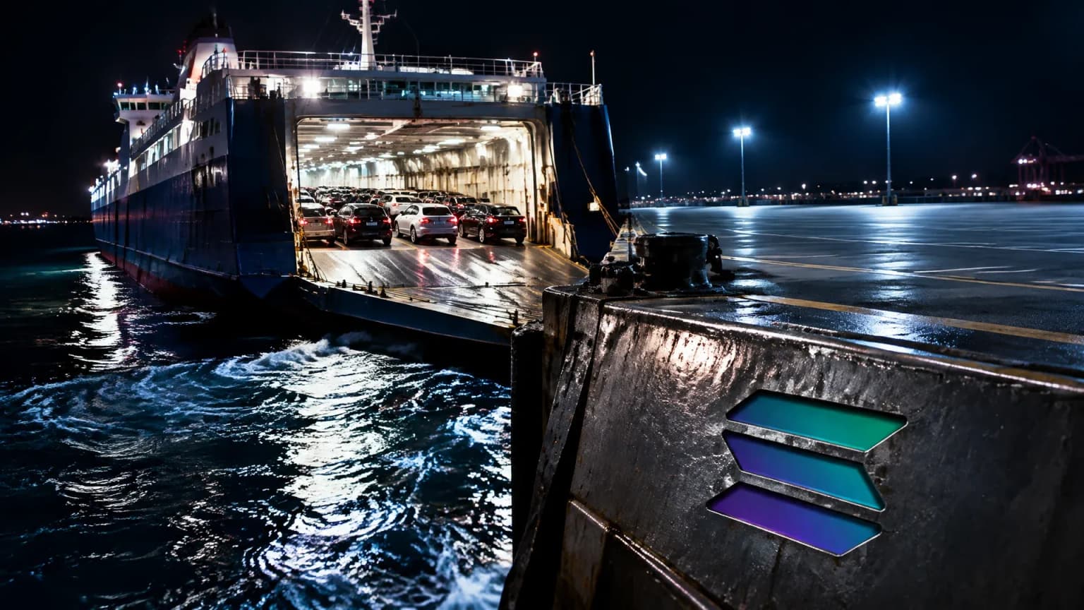 Nächtlicher Fährhafen unter Flutlicht, eine voll beladene Autofähre legt vom Kai ab, der Stellplatz dahinter liegt leer, in der stählernen Blende am Kai sitzt das Solana-Zeichen als farbige Intarsie
