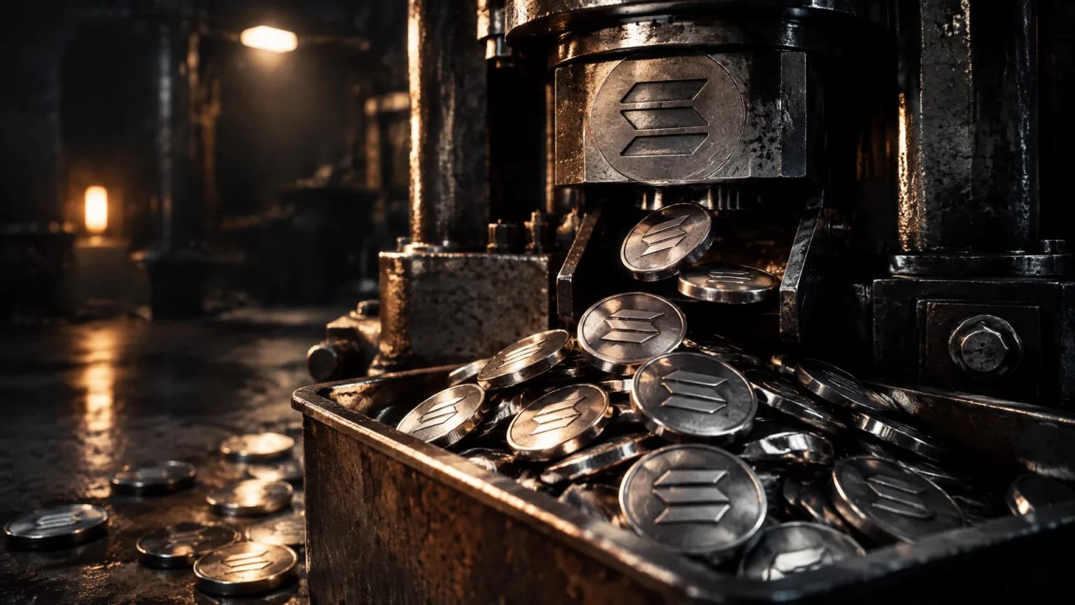 Nächtliche Münzprägestätte, aus der Prägepresse rutschen frisch geprägte Metallscheiben in einen übervollen Metallbehälter, im Prägestempel sitzt das Solana-Zeichen