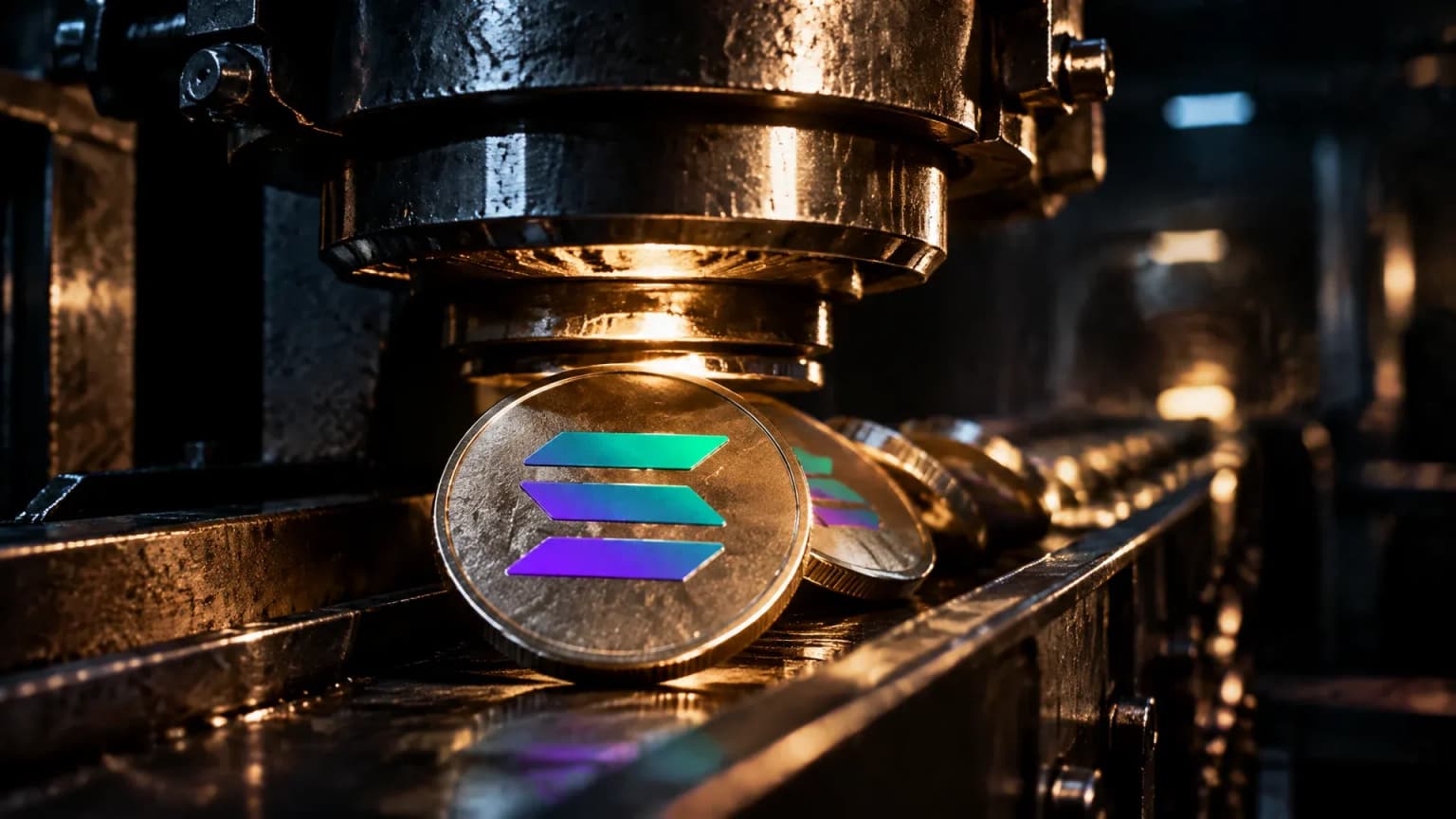 Industrielle Prägepresse in einer nächtlichen Münzanstalt, frisch geprägte Metallscheiben fallen auf ein Stahllaufband, die vorderste trägt das Solana-Zeichen