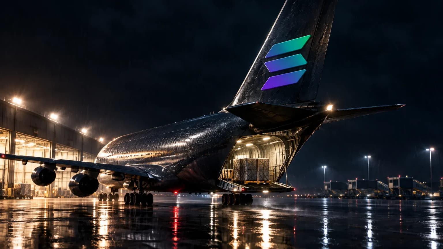 Naechtliches Flughafen-Vorfeld im Regen, ein Frachtflugzeug mit geoeffneter Heckluke rollt vom Terminal weg, auf dem Leitwerk das Solana-Zeichen als Metallemblem
