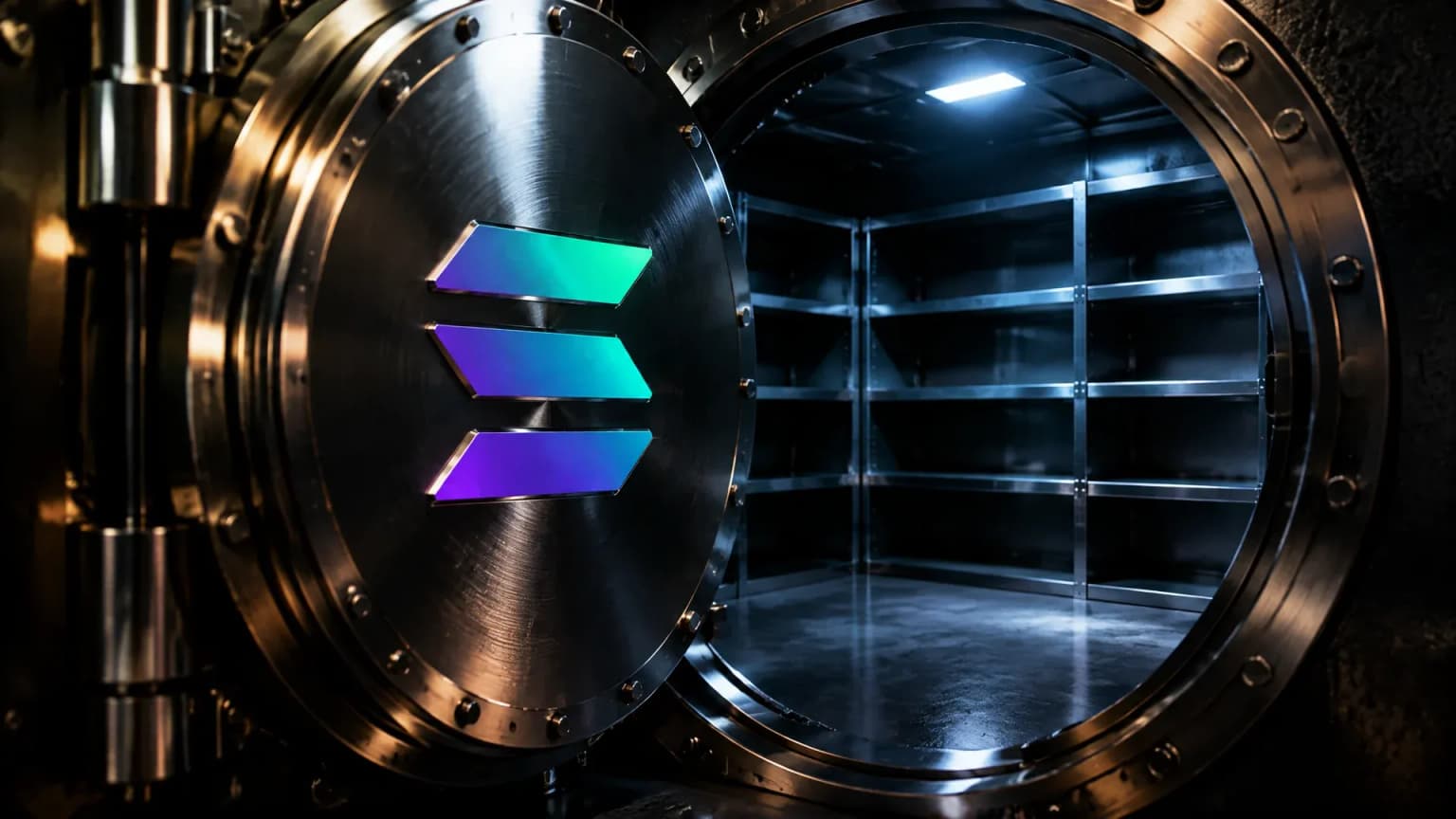 Open heavy round door of a vault at night, the shelving behind it completely empty, the Solana symbol set into the polished steel door as a metal inlay