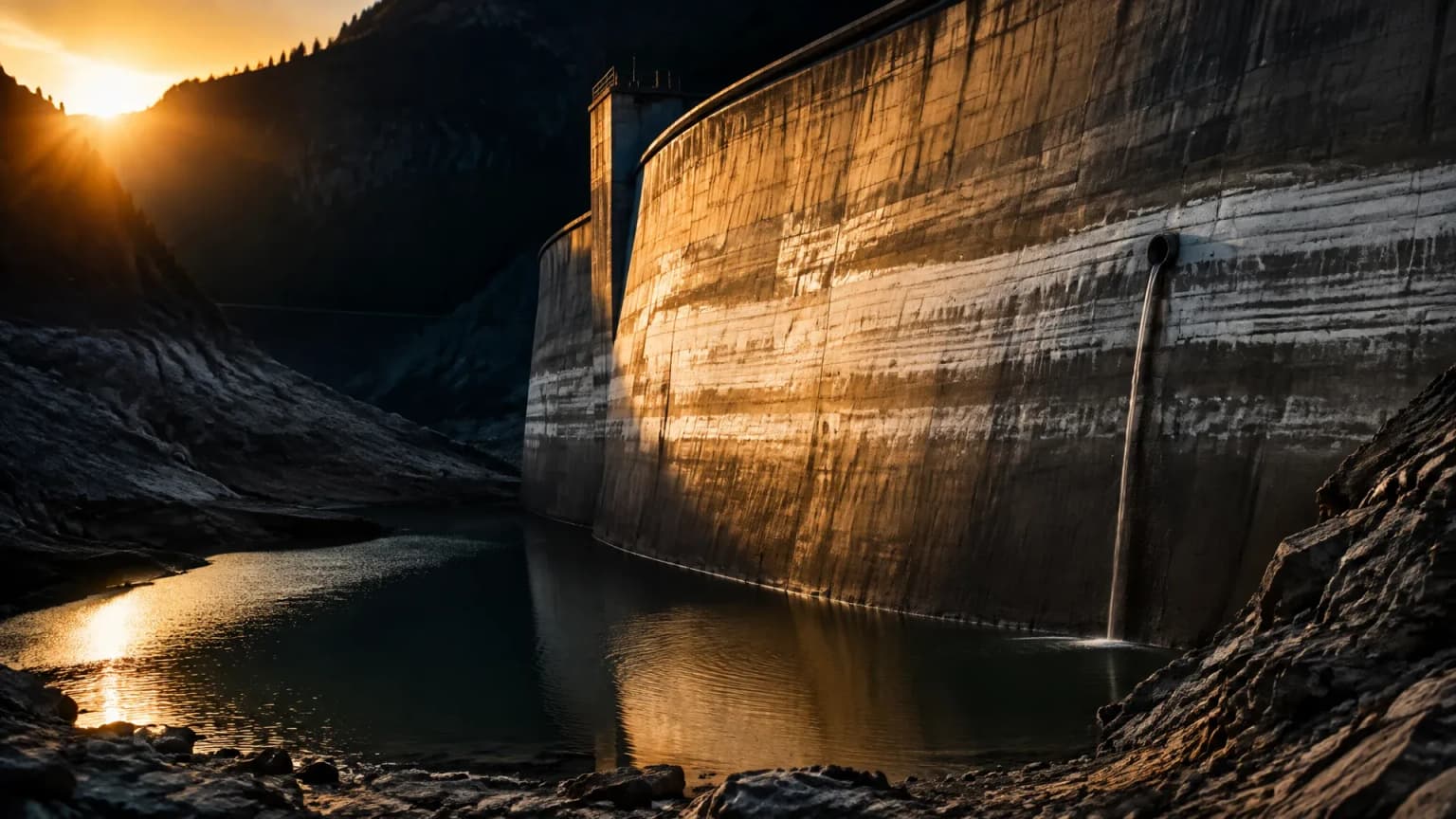 Betonstaumauer eines Stausees bei Abendsonne mit stark abgesunkenem Wasserstand und hellen Pegelrändern an der Mauer