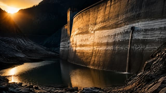 Betonstaumauer eines Stausees bei Abendsonne mit stark abgesunkenem Wasserstand und hellen Pegelraendern an der Mauer
