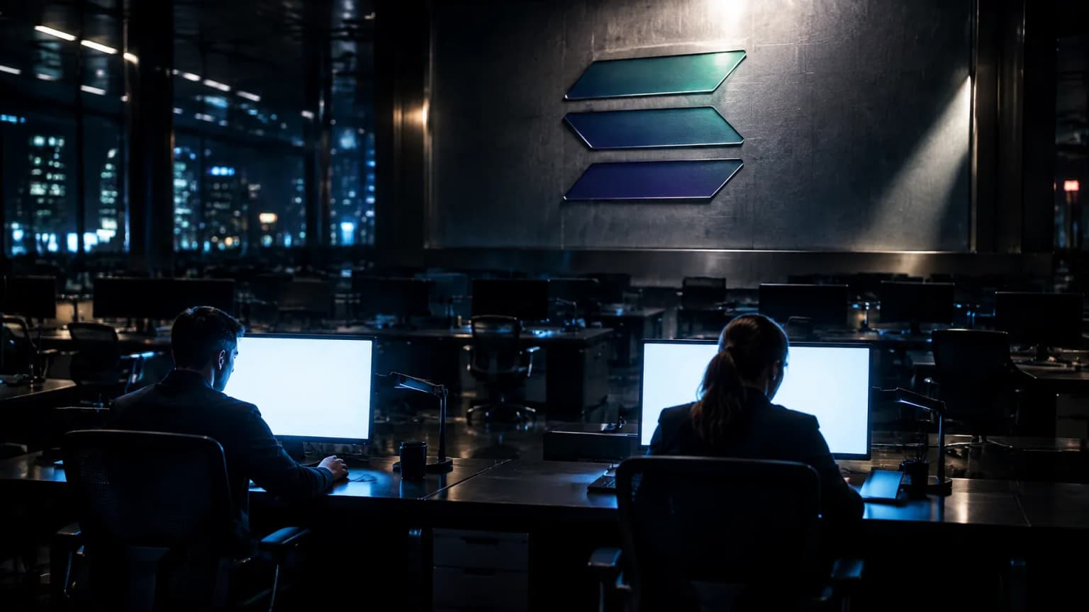 Nächtlicher Handelssaal einer Börse mit größtenteils leeren Arbeitsplätzen, die Monitorflächen leuchten als reine Lichtflächen ohne Inhalt, in der stählernen Blende der Saalwand sitzt das Solana-Zeichen als tiefe Gravur