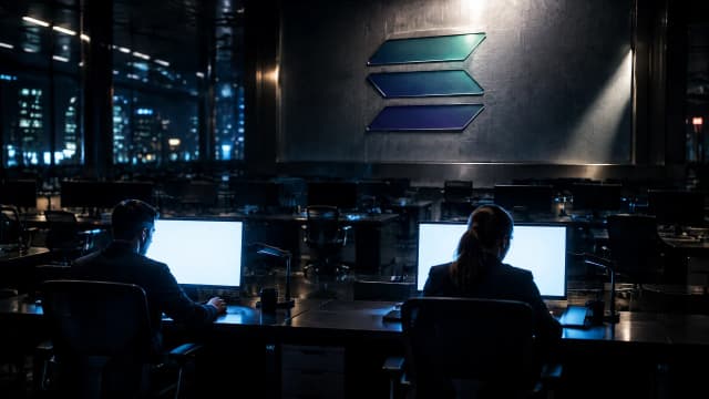 Nächtlicher Handelssaal einer Börse mit größtenteils leeren Arbeitsplätzen, die Monitorflächen leuchten als reine Lichtflächen ohne Inhalt, in der stählernen Blende der Saalwand sitzt das Solana-Zeichen als tiefe Gravur