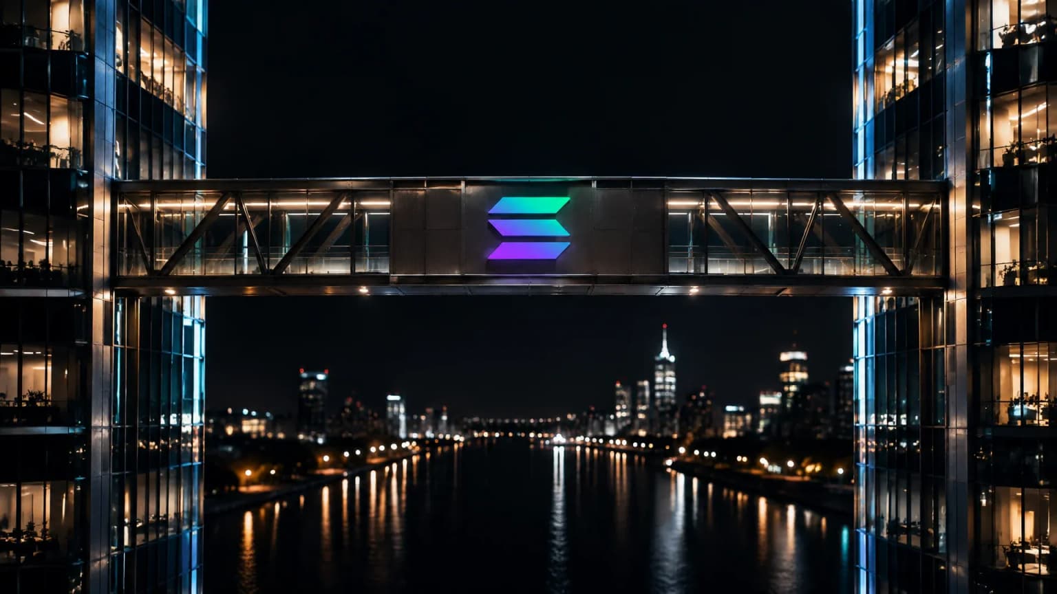A river mouth at night between two illuminated high-rise towers, a narrow steel bridge connecting both banks, the Solana symbol set as a coloured inlay in the parapet panel