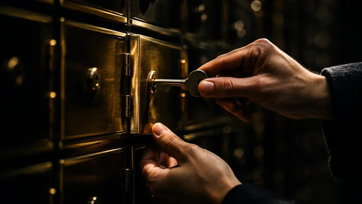 Zwei Hände stecken einen Metallschlüssel in eines von vielen gleichen Messing-Schließfächern einer dunklen Wand