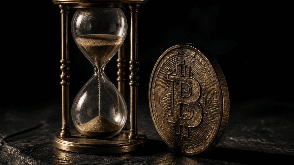 Fast durchgelaufene Sanduhr aus Messing und Glas auf dunklem Schiefer, daneben eine hochkant stehende Metallmuenze mit eingepraegtem Bitcoin-Zeichen