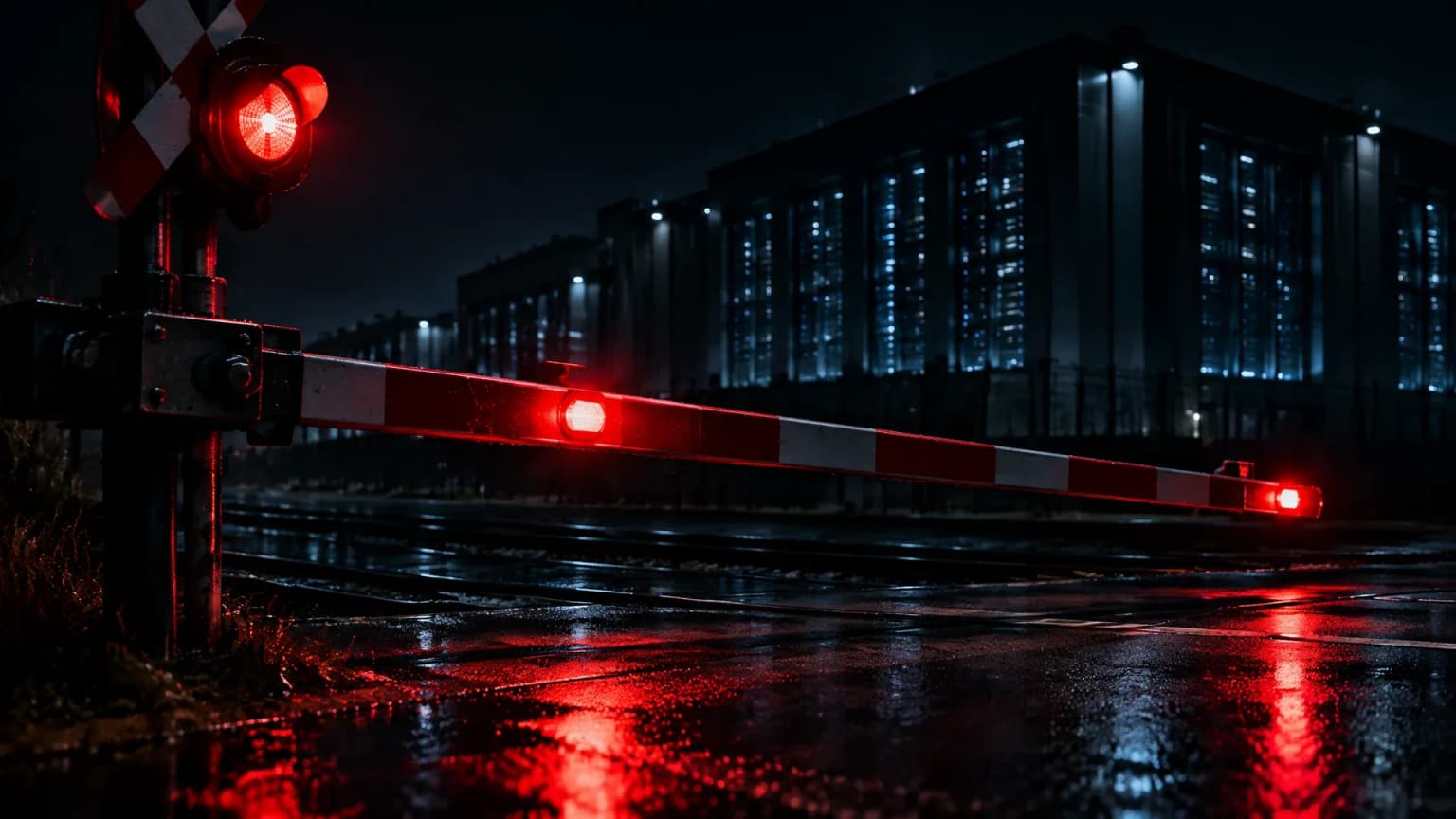 Level crossing barrier coming down at night over empty tracks, a red warning light reflected on wet asphalt, the dark window rows of a data centre behind it