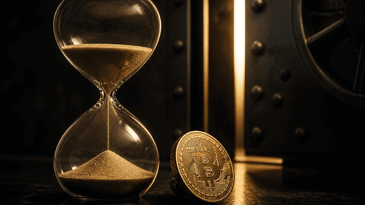 Glaeserne Sanduhr mit rieselndem Sand neben einer schweren Muenze mit eingepraegtem Bitcoin-Zeichen auf einem dunklen Handelspult, dahinter eine sich schliessende Metallklappe