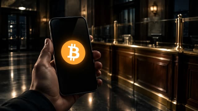 Smartphone mit dunklem Glasdisplay in einer Hand vor dem nächtlichen Schalterraum einer Bankfiliale, auf dem Display leuchtet das Bitcoin-Zeichen
