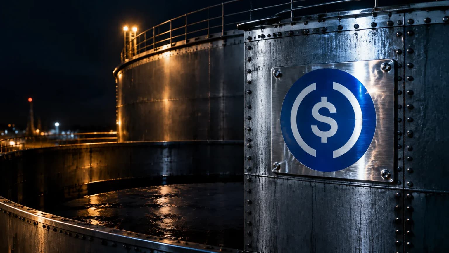 Großer Metalltank bei Nacht mit tief eingesunkenem Schwimmdach, an der genieteten Stahlwand eine polierte Plakette mit dem USDC-Zeichen